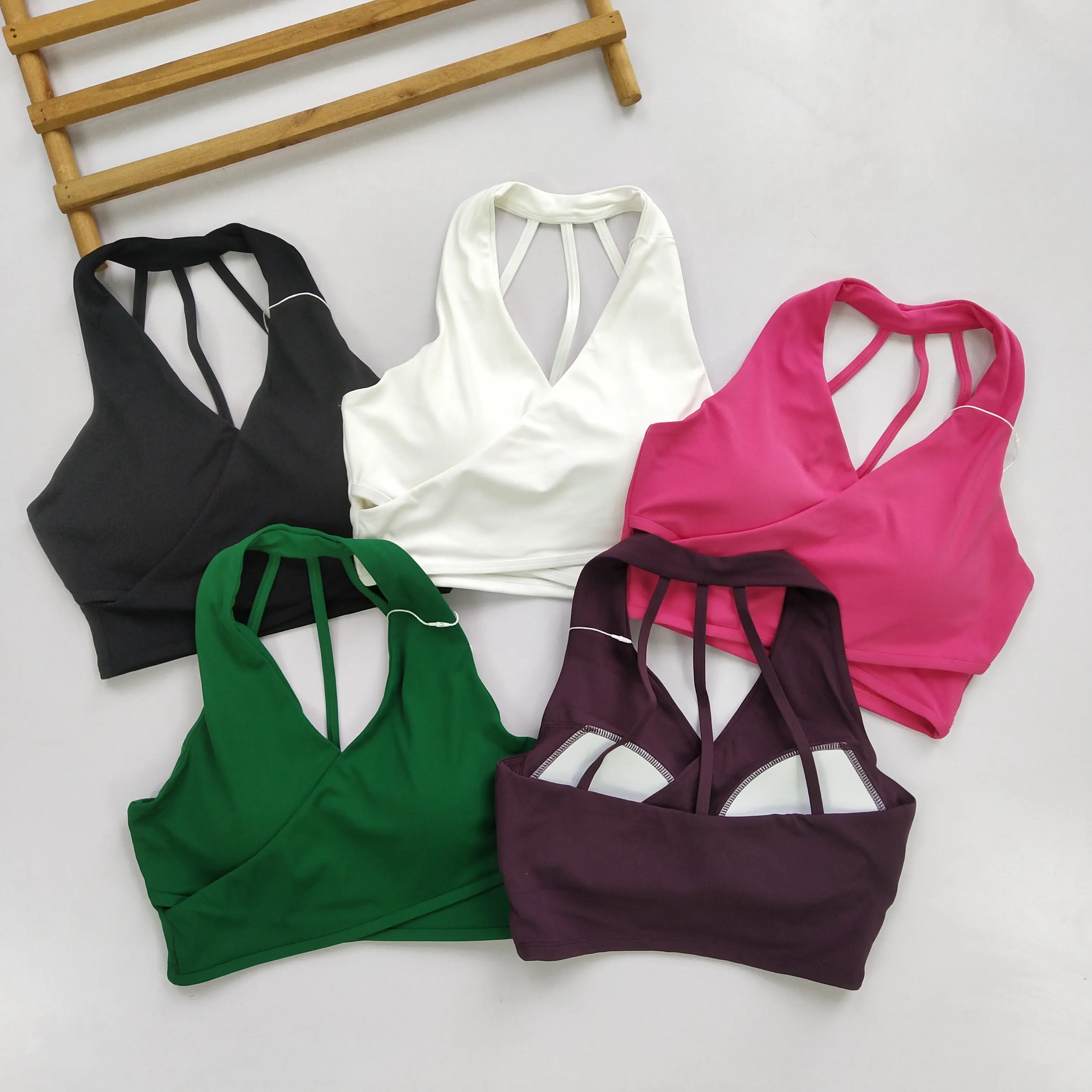 Crossfit Vest - レディース スリムフィット クロスバック スポーツブラ ディープV ホルターネック